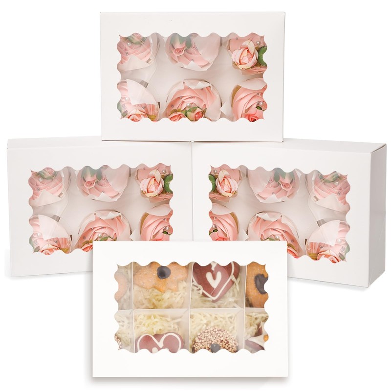30 PCS White 6 Count Cupcake Boxes Window Auto Pop 9.4×6.1×3.3 Inch Carrier