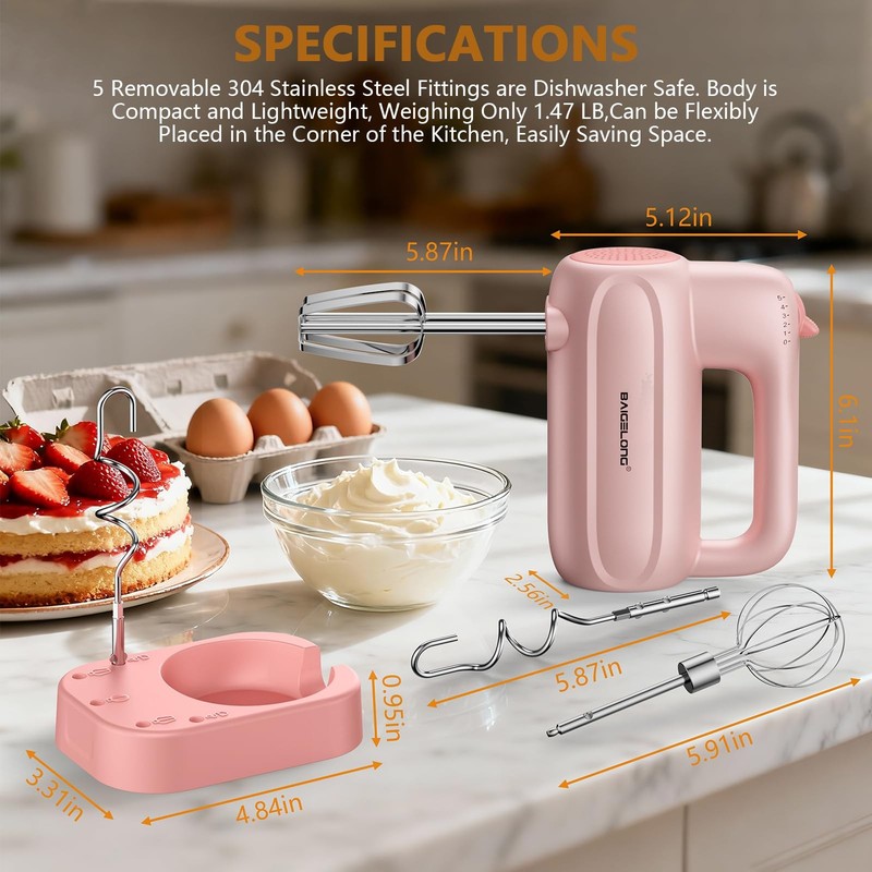 Hand Electric Mixer, 5-Speed KitchenMixer with 5 * 304 Stainless Steel Attach... gallery