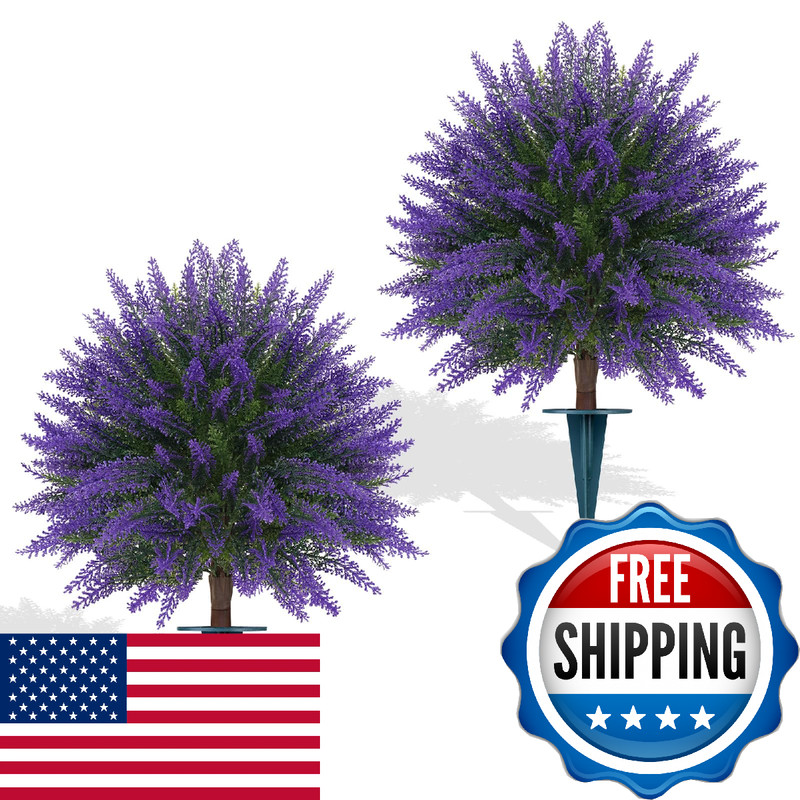 Yangrass Artificial Lavender Topiary Bushes Ground Spike 24 Set Of 2 Faux
