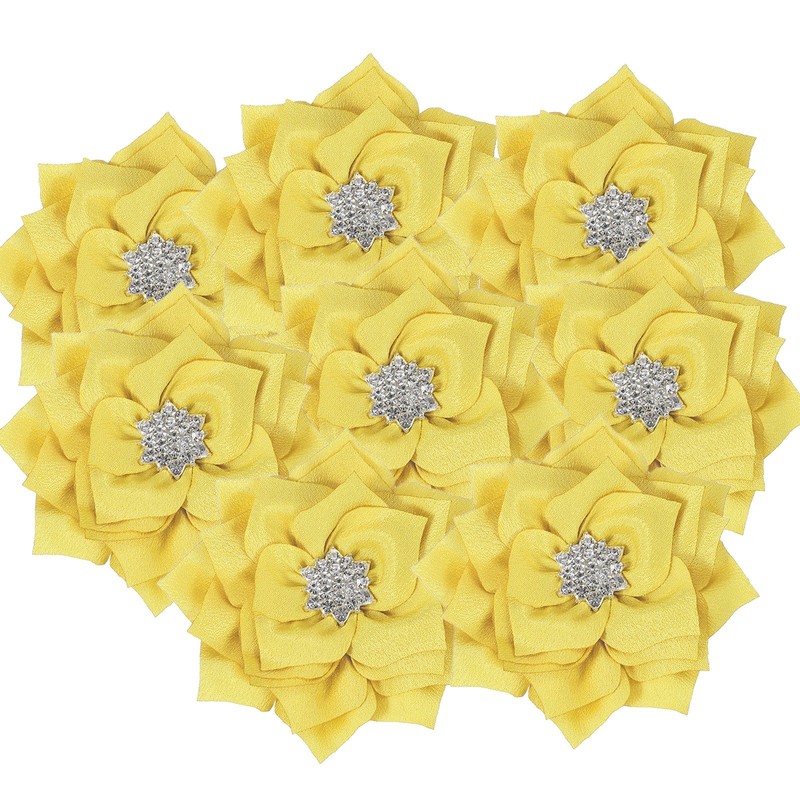 3 Inch 10 Pcs Rhinestone Pearl Chiffon Flower, Yellow