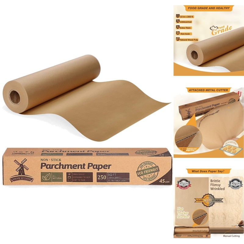 Unbleached Baking Parchment Paper Roll 15x200 ft, Food Safe, Non-Stick, Durable