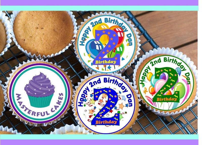 24 PERSONALISED 2nd BIRTHDAY BLUE DES5 CUPCAKE TOPPERS RICE,WAFER,ICING & PRECUT