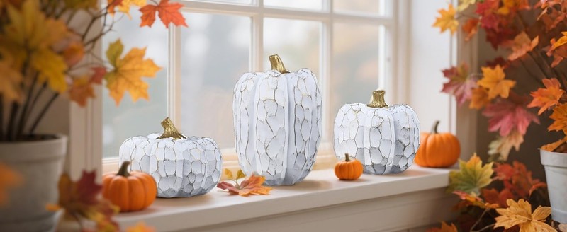Pumpkins Fall Decorats for Home- Set of 3 Elegant White gallery