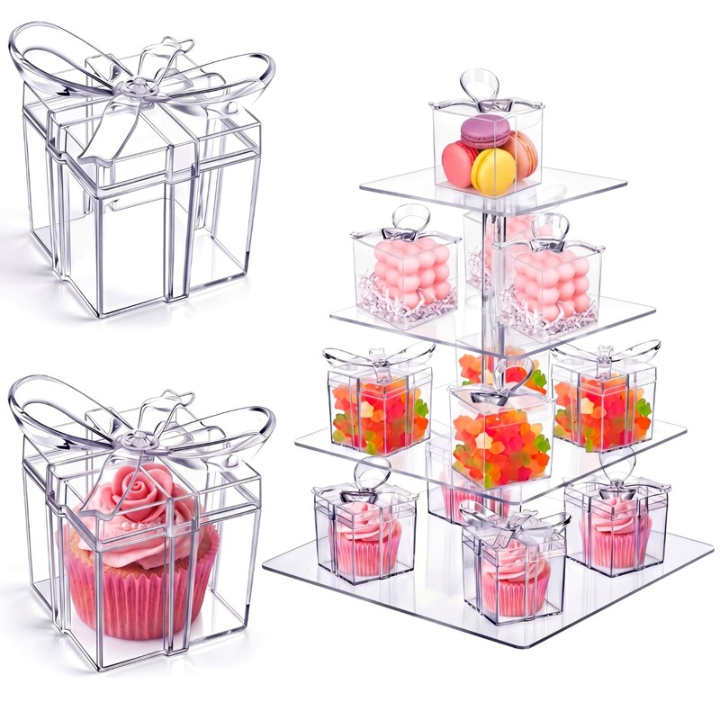 Novabright 24 Pcs Mini Clear Gifts Boxes with Bow 2.3×2.3×2.3 Inches Plastic …