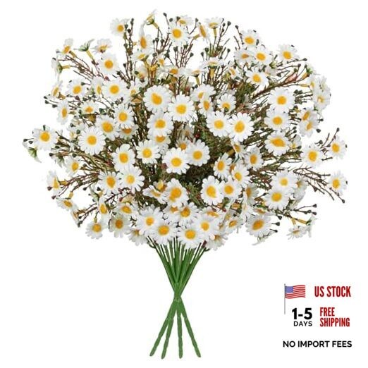 Daisy Artificial Flowers 4 Bouquets Silk Fake Daisies, 14″ Faux Daisy White