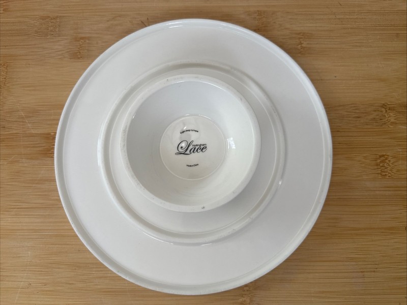 Nottingham Lace White Embossed 8" Pedestal Cake Stand Porcelain Scalloped Edge gallery