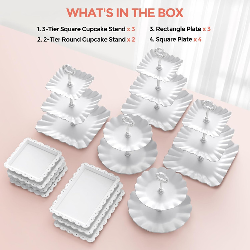 12Pcs Dessert Table Display Set, Cupcake Stand, 3-Tier Cup Cake Tower Stands & 2 gallery
