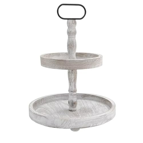 Farmhouse 2 Tiered Tray Stand for Home Decor, Wooden Serving Tiered Tray White