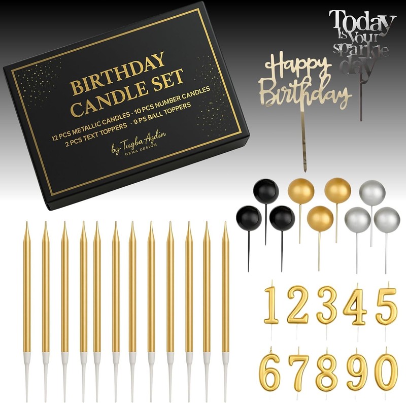 by Tugba Aydan – 33 Pcs Gold Birthday Candle Set with Number Candles 0–9,