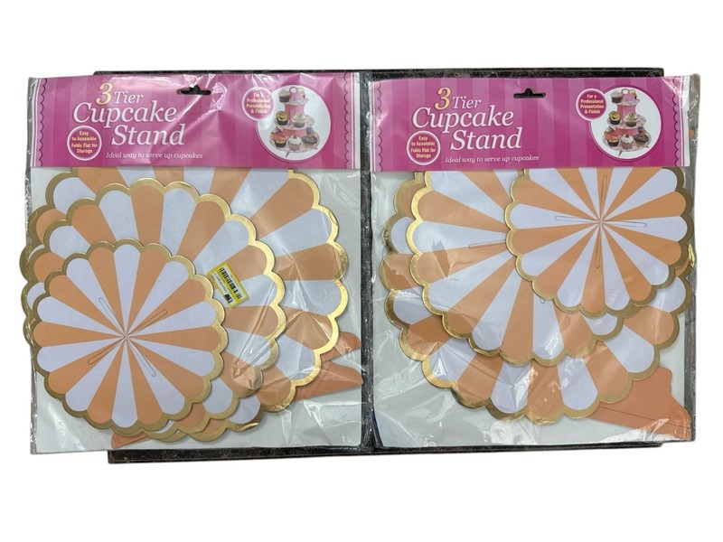 3-Tier Cardboard Cupcake Stand With Gold Trim, Orange & White Design, Easy Assem gallery