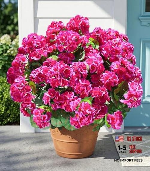 Fake Geraniums Artificial Flowers for Outdoors Outside, 6 Bundles Silk Fuchsia