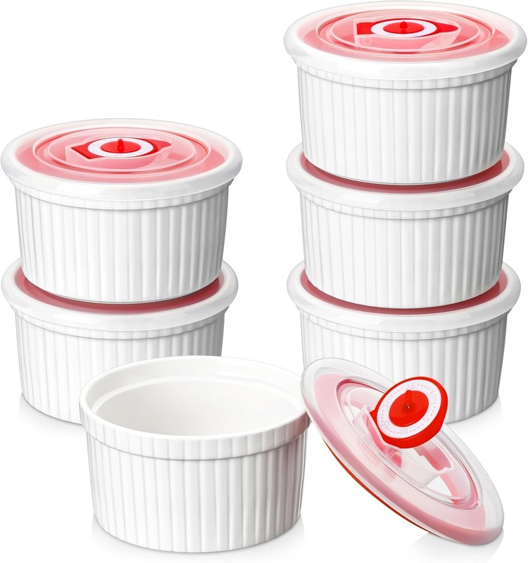 Ramekins with Lids 8 oz – Set of 6, White Porcelain Creme Brulee Souffle