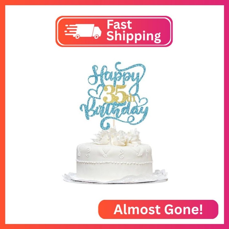 1 PCS Happy 35th Birthday Cake Topper, Blue Glitter Cheers to 35 Years Birthday