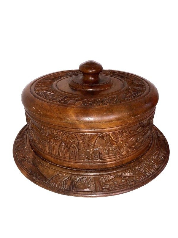 Vintage 60’s/70’s Hand Carved Wooden Covered Cake Stand Hawaiian Tiki Boho Dome