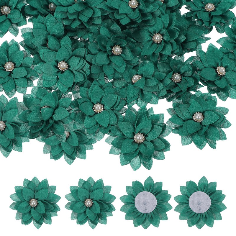 30Pcs 2″ Fabric Flowers Rhinestone Pearls Sewing Fabric Flowers Green