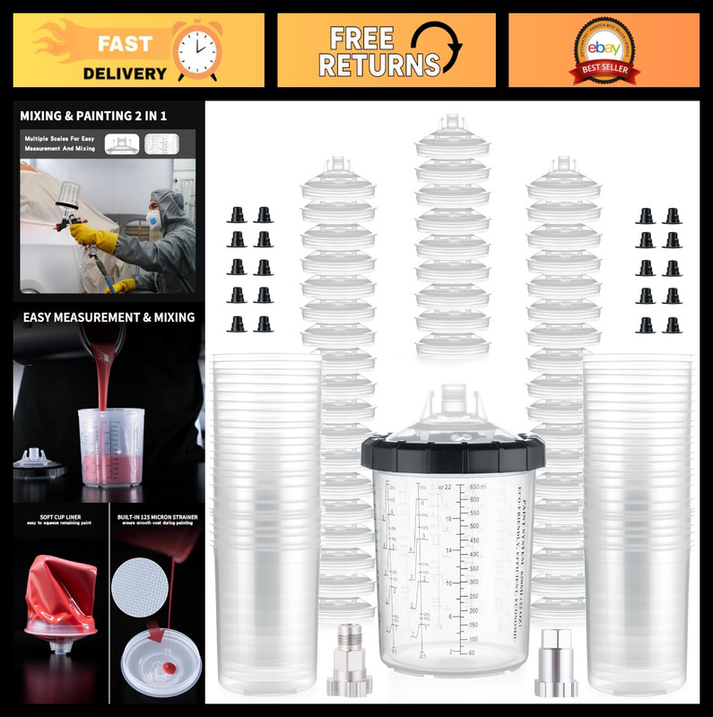 Disposable Paint Cup Liners & Lids Kit – 50 Pack, 22oz Spray Gun System, Straine