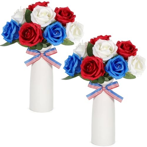 2 Sets 4th of July Artificial Flowers and Vase Red Blue White Patriotic Rose gallery