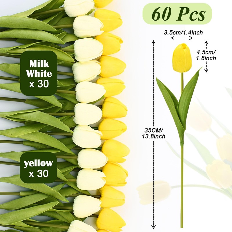 Janinka 60pcs Artificial PU Tulip Flowers - Yellow & Milk White (1 Head) gallery