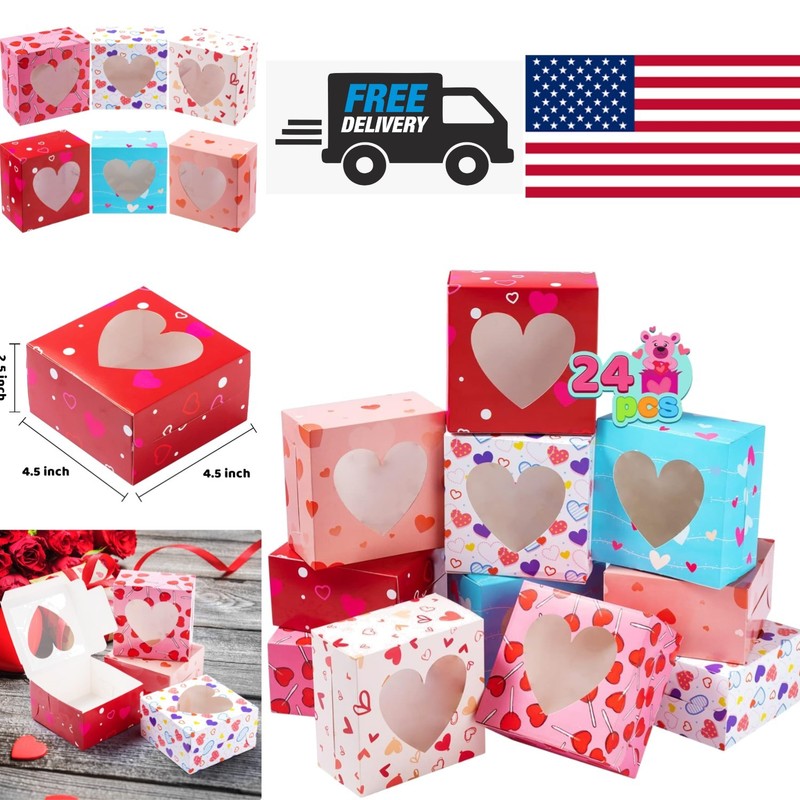 Valentines Day Cookie Boxes 24 Pcs 4.5 Inch Durable Cardboard for Sweet Treats