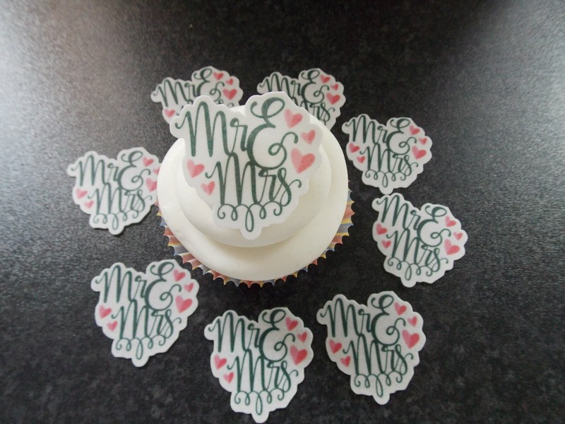 12 PRECUT Edible Mr and Mrs Wedding wafer/rice paper cake/cupcake toppers