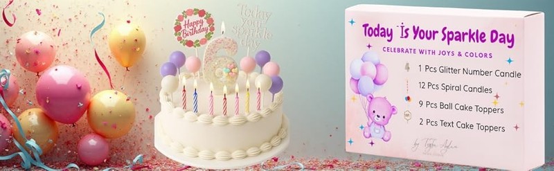 Birthday Candles Set for Cake – Number 7 Candle with 24 Piece Decoration Kit, gallery
