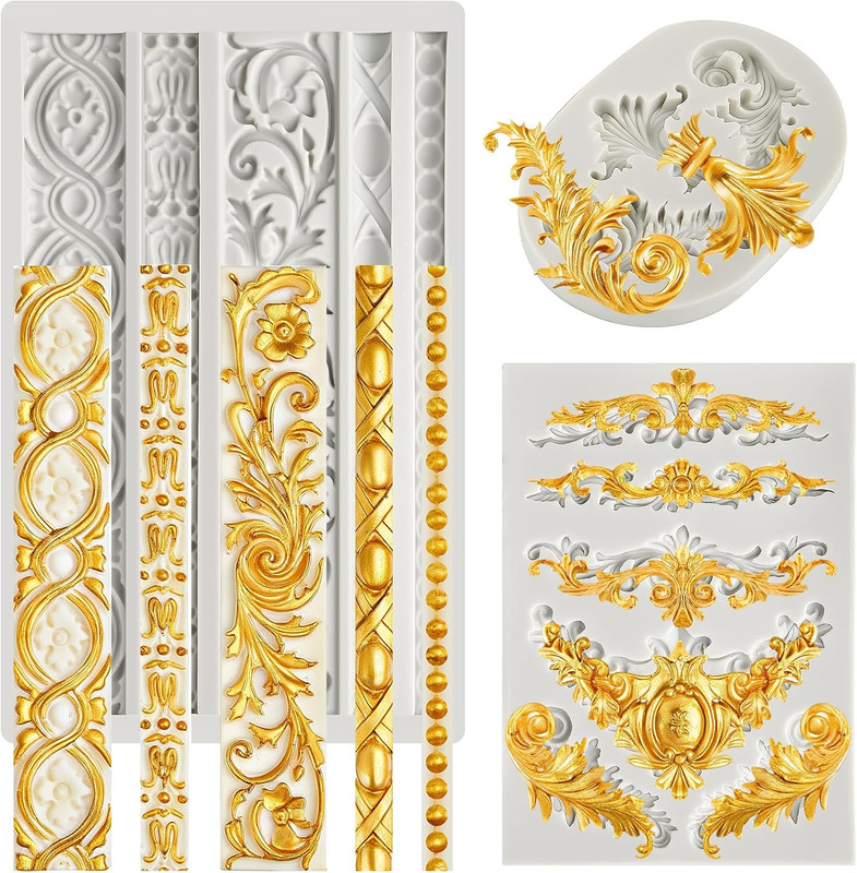 3PCS Baroque Silicone Molds Scroll Border Mold Baroque Clay Mold Fondant Molds f gallery