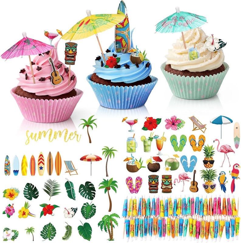 96 Pcs Summer Beach Cake Decorations Included 48 Hawaiian Style Cupcake Toppers
