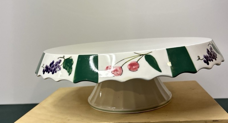 White Ceramic Pedestal Cake Plate Stand 11 in Green Stripes, grapes, cherries