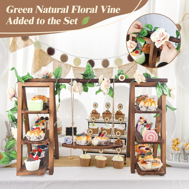 Wooden 3 Tier Cupcake Stand W/ Swing & Flower Decoration Serving Removable Tray gallery