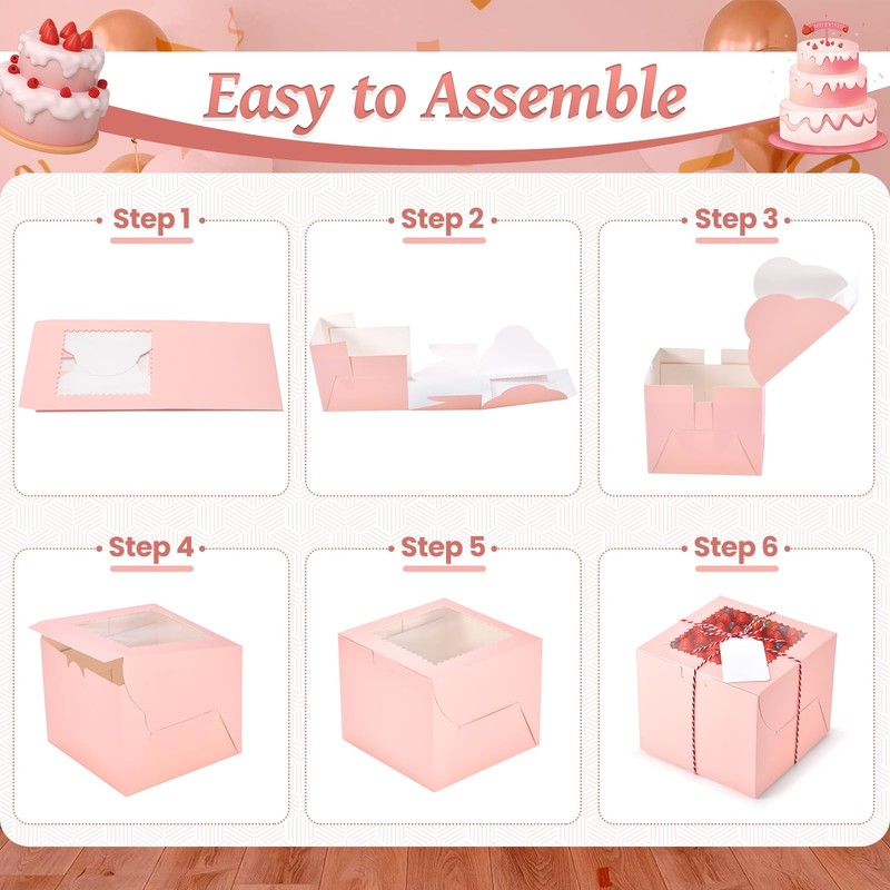 20Pcs Mini Cake Boxes with Window, 6x6x5 Inches Pink Bakery Boxes, Small 4 Cu gallery
