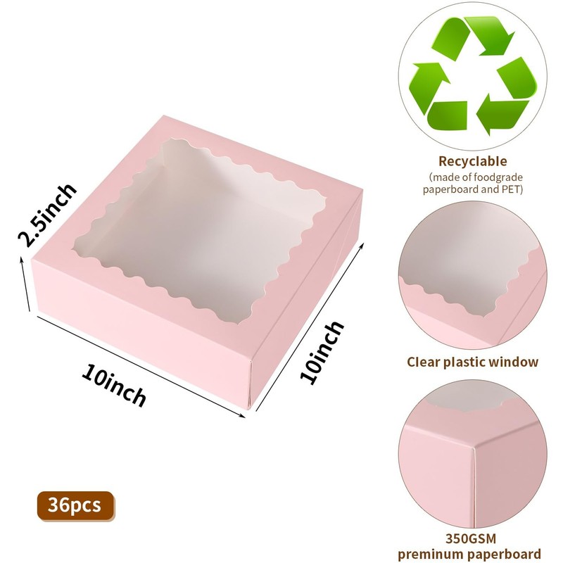 36 Pcs Pink Bakery Boxes 10x10x2.5 Inch with Window Cookie Pastry Dessert gallery