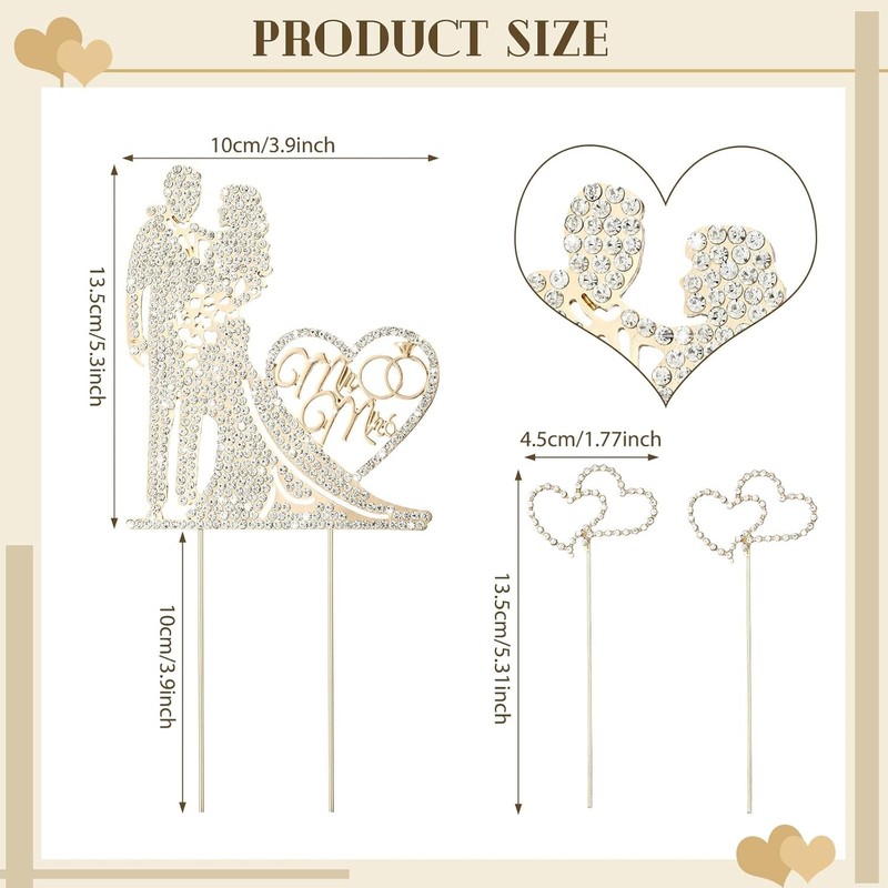 3 Pack Wedding Cake Topper Mr and Mrs, Rhinestone Bride and Groom Cake Topper gallery