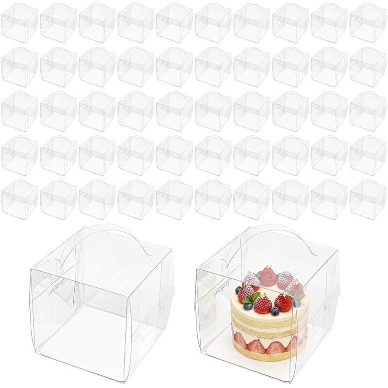 50 Pack Clear Cake Boxes with Handles, 6x6x6 Inch Square Transparent Bakery f