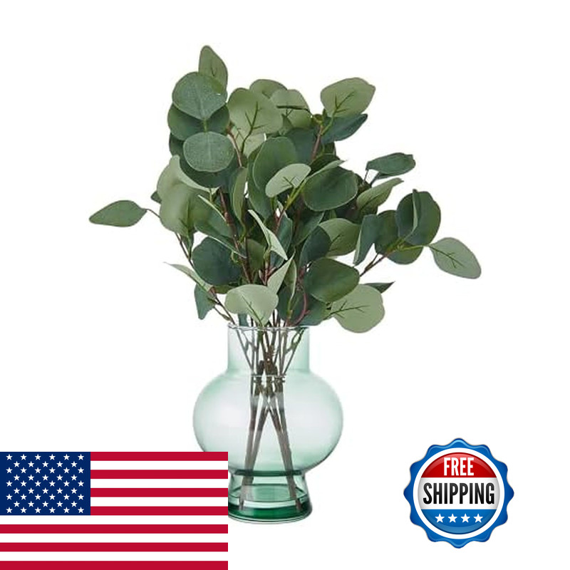 Elements Artificial Eucalyptus Arrangement In Green Glass Vase Realistic Look