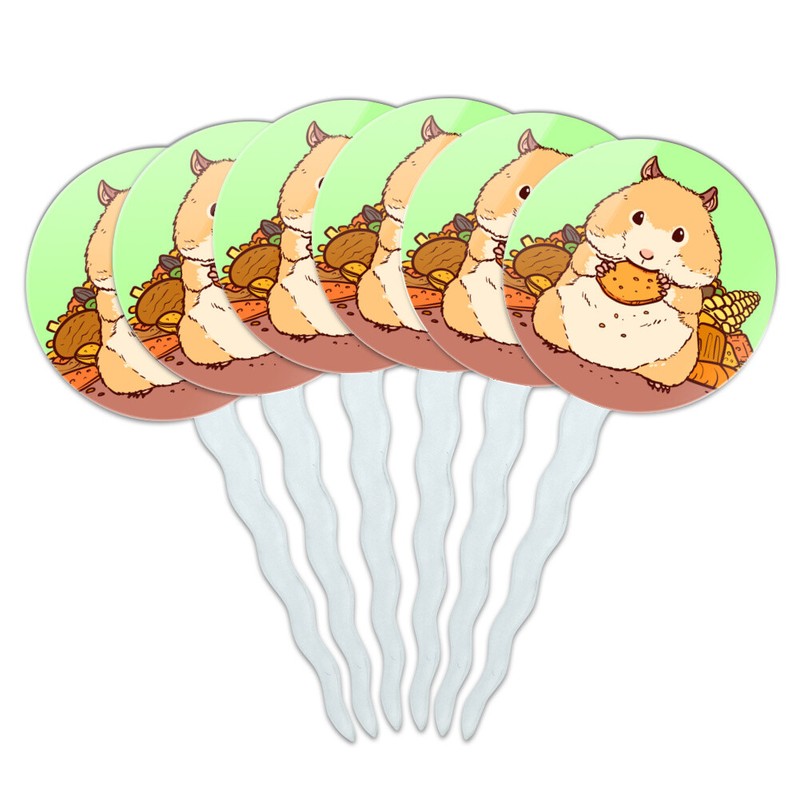Hamster Eating Stash of Food Cupcake Picks Toppers Decoration Set of 6