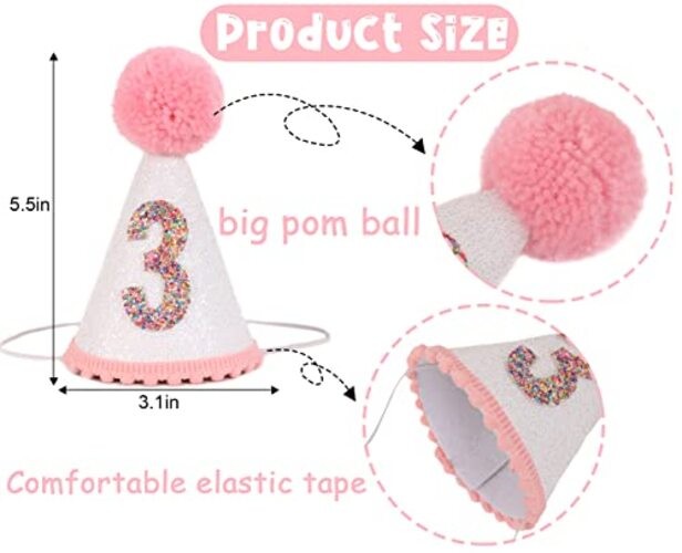 Birthday Hat for Girls - Glitter Birthday Hat with Pink Pom 3rd Birthday Hat gallery