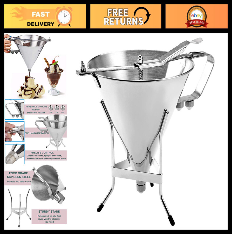 Stainless Steel Confectionery Funnel Set with Stand & 3 Nozzles – Cake Decoratin