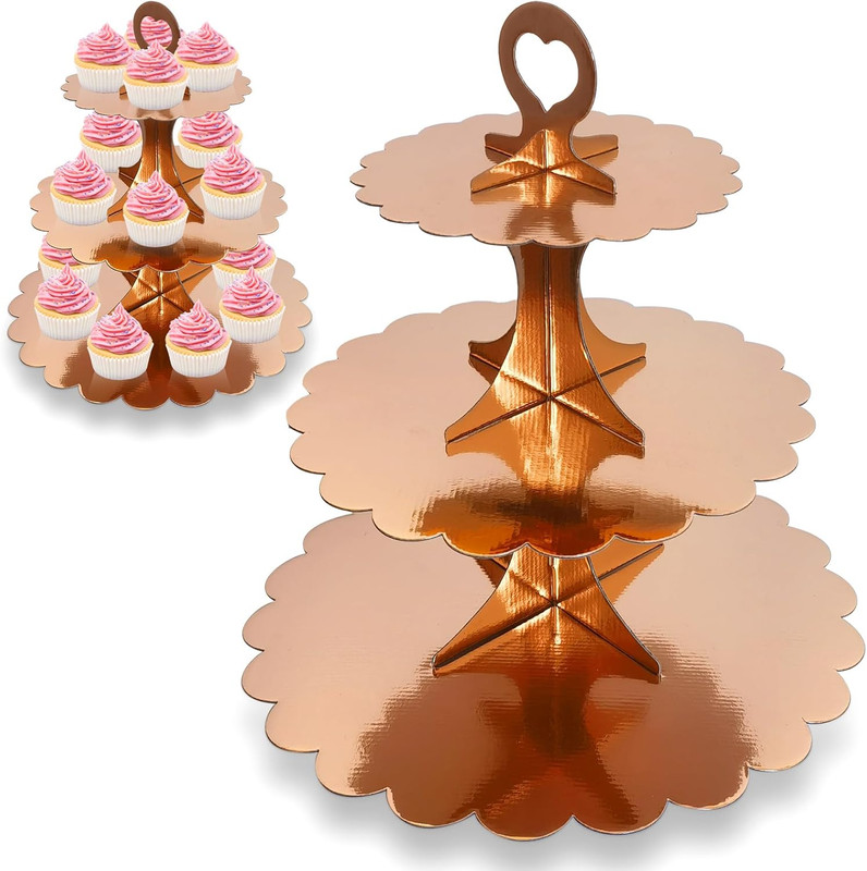 2 Pack 3 Tier Rose Gold Cupcake Stand for 24 Cupcakes, Cardboard Cake Tower for gallery