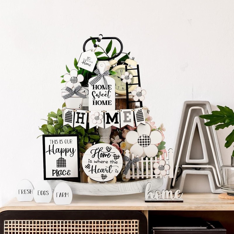 Tatuo 18 Pcs Farmhouse Tiered Tray Decor Set Home Wooden Signs as the picture gallery
