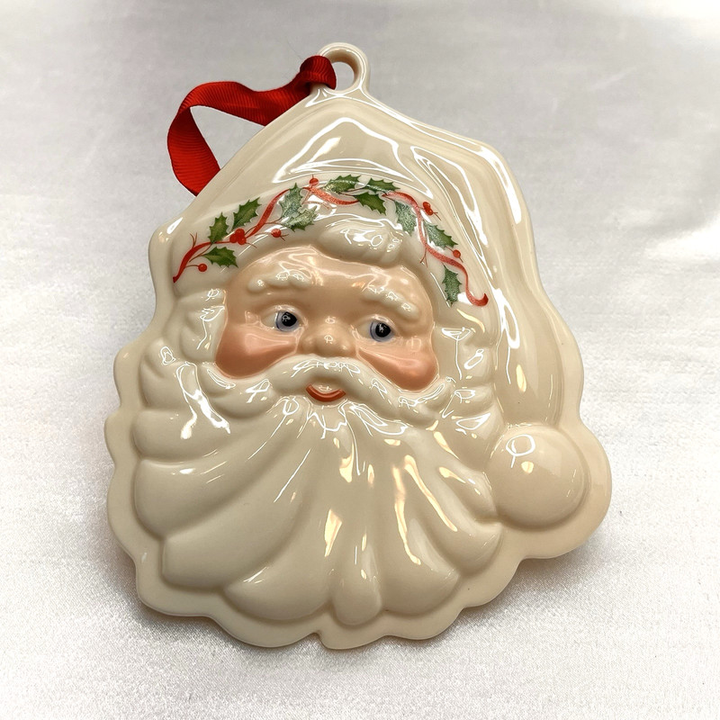 LENOX Holiday Cookie Press Ornament Santa Face w/ Red Ribbon for Hanging