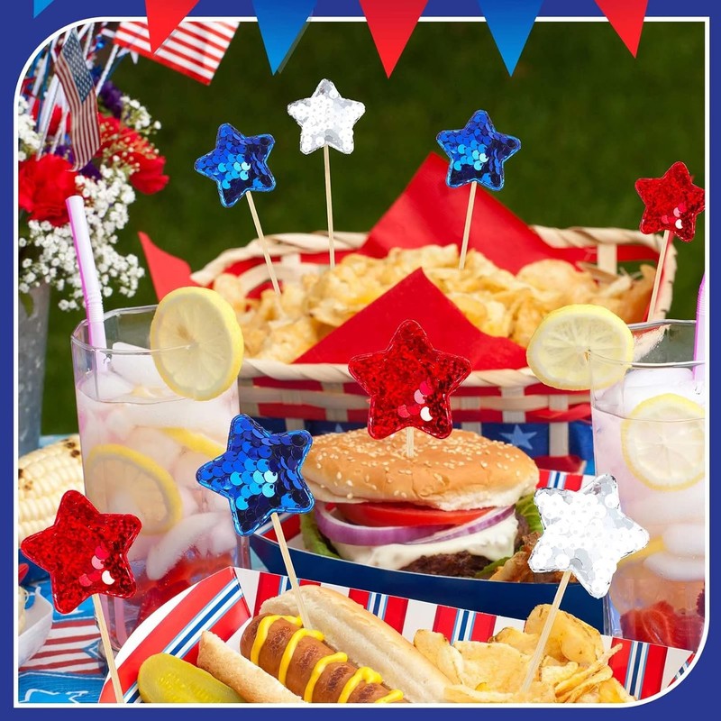120 Pcs Glitter Star 4th of July Cupcake Toppers Patriotic Cupcake Picks Blue gallery