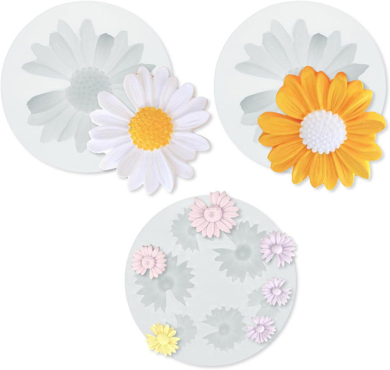 3PCS Daisy Flower Silicone Mold Set DIY 3D Flower Fondant and Cupcake Topper Mol