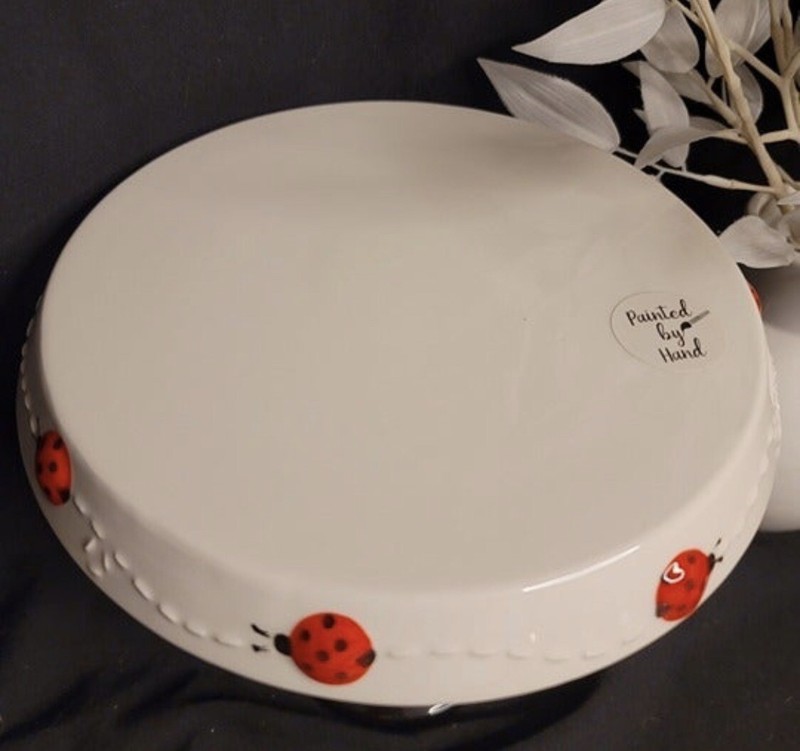 NEW-Ladybug Themed Cake Serving Pedestal Stand Ceramic Round 8" X 4.5" gallery