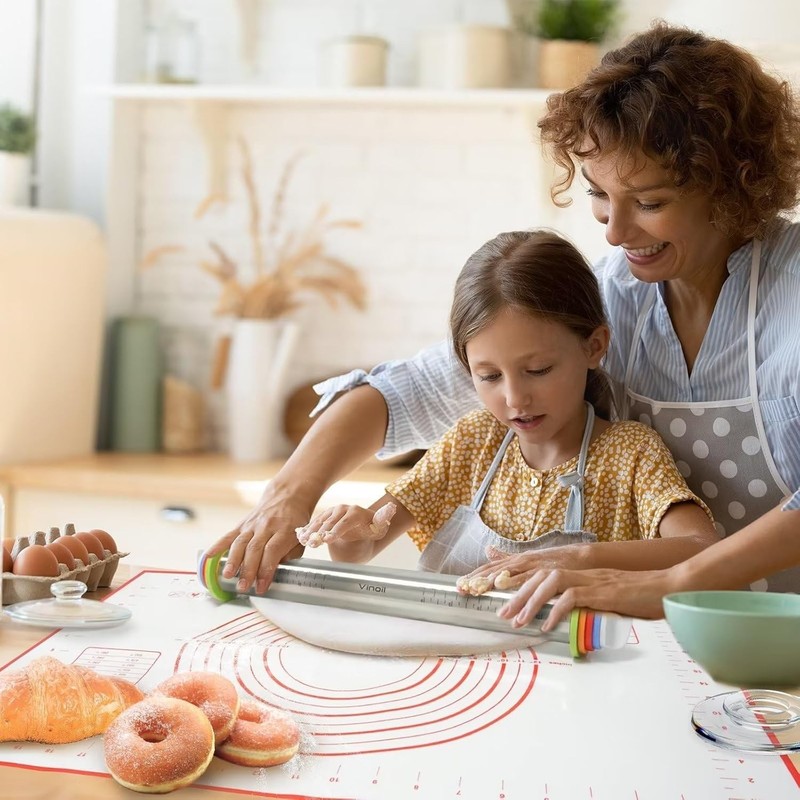Stainless Steel Rolling Pin and Silicone Mat Set, Adjustable Thickness Rings ... gallery