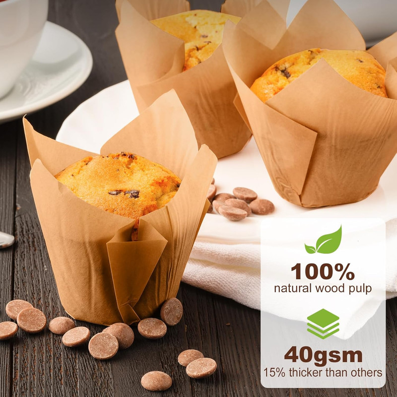 Natural Tulip Cupcake Liners for Baking 200 Cups, Unbleached Parchment Paper Muf gallery