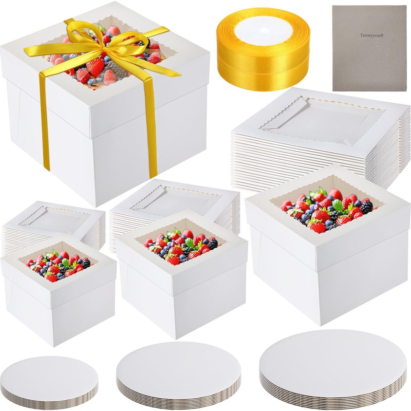 48 Pcs Cake Boxes with Boards 24 Baking Boxes with Window 24 Cake Boards 2 Ro…