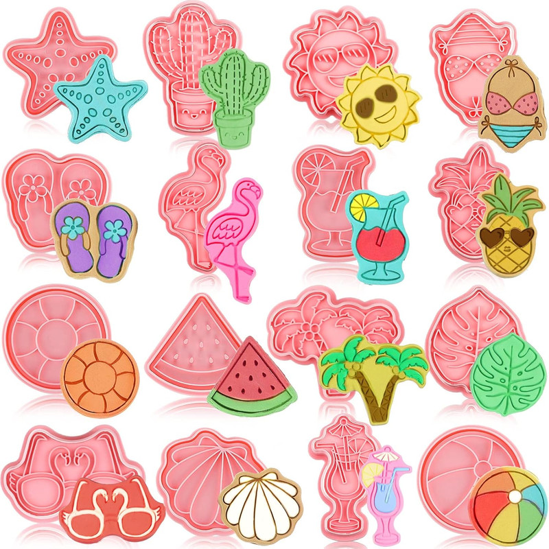 16 Pcs Summer Beach Cookie Cutters with Plunger Stamps Set Hawaiian Biscuit Mold