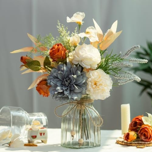 Dahlia Flower Aritificial Flower with Vase Fake Silk Flowers in Glass Blue gallery