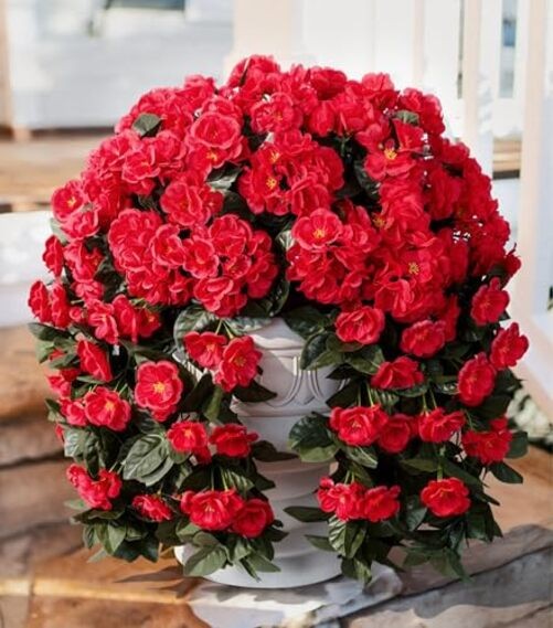 Artificial Flowers for Outdoors Fake Geraniums Summer Outside Decor, 2 PCS Red gallery