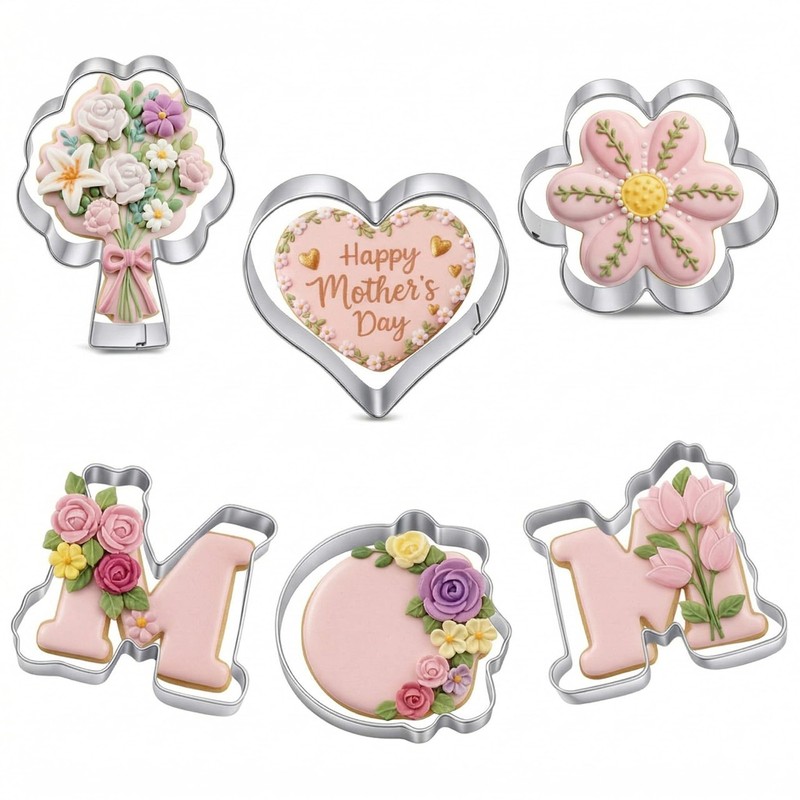 6 Pcs Mothers Day Cookie Cutters Set Stainless Steel Mom Letter Flower Heart …